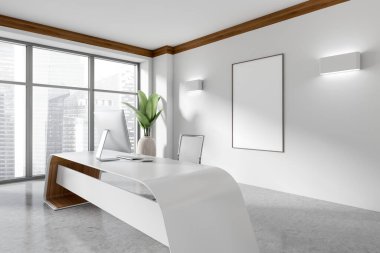 Beyaz CEO masası ve bilgisayar, yan görüş Singapur şehir manzarasında panoramik pencere. Minimalist dekorasyonlu bir işyeri. Tuvalin maketi posteri. 3B görüntüleme