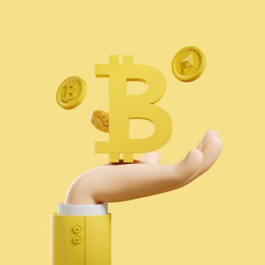 Çizgi filmde altın kripto paralar yüzen, sarı arka planda bitcoin işareti var. Kripto para ve madencilik kavramı. 3B görüntüleme