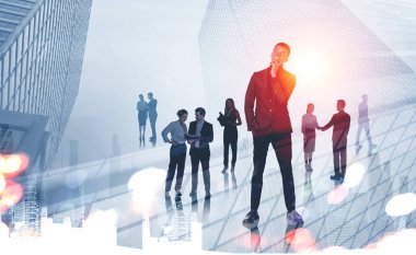 Çok uluslu iş adamları, düşünceli görünüşlü siyah iş adamları. New York gökdelenlerinin iki katı. Konferans ve takım çalışması kavramı