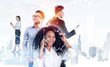 Çok uluslu iş adamları akıllı telefondan, sosyal medyadan yazıp arıyorlar. Forx finansal analiz hologramı, şehir görüşü ve borsa grafiği ile çifte maruz kalma. Konferans kavramı