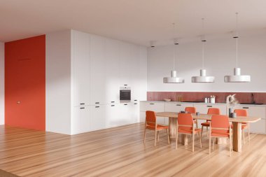 Beyaz mutfak içinde sandalyeler ve ahşap zemin üzerinde yemek masası, yan manzara. Güvertede mutfak eşyaları ve modern aletler. Görünmez kapılı yemek odası. 3B görüntüleme