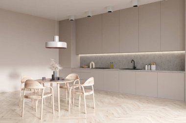 Beyaz mutfak içinde sandalyeler ve ahşap zeminde yuvarlak yemek masası, yan görüş. Mutfak eşyaları, lavabo ve soba, raflı aletler. 3B görüntüleme