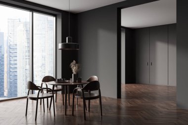 Masa, sandalye ve ahşap döşemeli karanlık yemek masası. Singapur şehir manzarasında panoramik pencere. Mobilyalı modern oturma odası. Model boş duvar. 3B görüntüleme