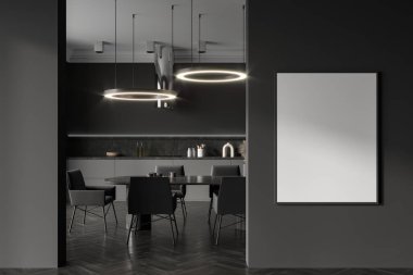 Dark kitchen interior with armchairs and dining table on hardwood floor. Kitchenware with hood, front view. Mockup poster before entrance. 3D rendering