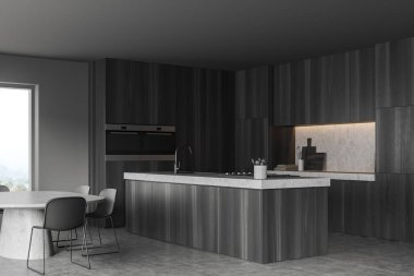 Bar adası, yemek masası, sandalyeler, yan manzara, gri beton zemin. Kırsal kesimde yemek köşesi ve panoramik pencere. 3B görüntüleme