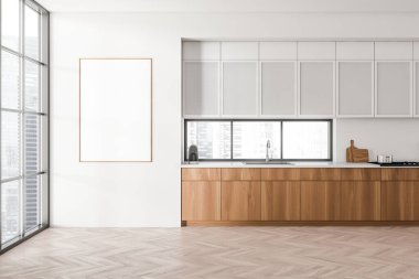 İçi lavabo ve raflarla dolu beyaz yemek köşesi güvertede mutfak gereçleri, ahşap zemin. Singapur şehir manzarasında panoramik pencere. Model poster. 3B görüntüleme