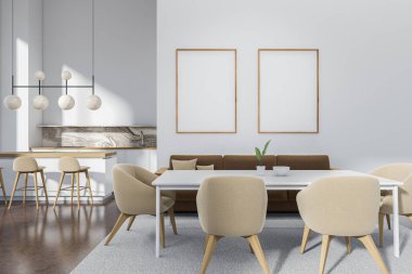 Beyaz mutfak, kanepe ve sandalyeli yemek masası bar adalı yemek pişirme alanı, bej beton zemin. İki maket poster. 3B görüntüleme