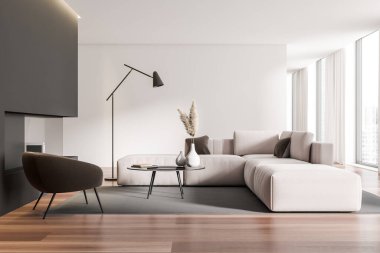 Beyaz rahat iç döşeme, koltuk, halı üzerinde kahve masası, ahşap döşeme. Şehir manzarasında şömine ve panoramik pencere. 3B görüntüleme