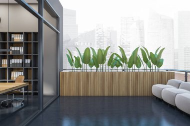 Konferans alanı dışında bir iş yeri. Kanepesi ve terası olan bir dinlenme odası, Singapur gökdelenlerinin panoramik manzarası. 3B görüntüleme