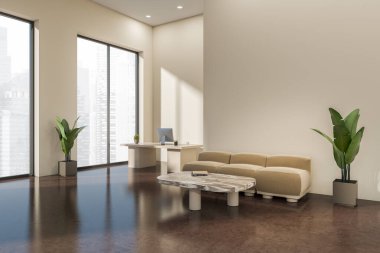 Bej renkli bir iş odası kanepesi, yan manzarası, koyu beton zeminde kahve masası. Singapur 'daki panoramik pencerenin yanında bilgisayarlı çalışma masası. Model boş duvar. 3B görüntüleme