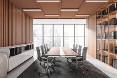 Tahta iç mekan, koltuk ve pano, yan görüş. İş odası, dokümanlar, Singapur manzaralı panoramik pencere. 3B görüntüleme