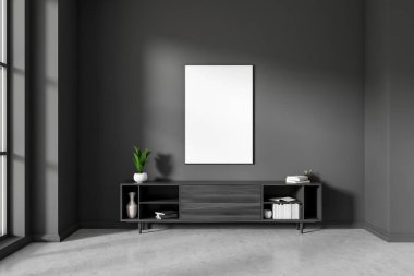 Siyah ahşap büfe, sanat dekorasyonu ve gri beton zemini olan karanlık bir oturma odası. Kitaplı raflar ve poster modelleri. 3B görüntüleme