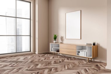 Bej renkli oturma odası, ahşap büfe, yan görüş, Singapur şehir manzaralı panoramik pencere. Tuvalin posterini hazırla. 3B görüntüleme