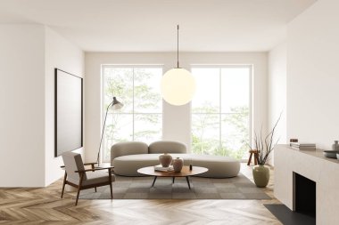 Beyaz oturma odasının içi kanepe ve koltuk, sehpa ve şömine, ahşap zemin. Tropik bölgelerde panoramik pencere. Tuvalin posterini hazırla. 3B görüntüleme