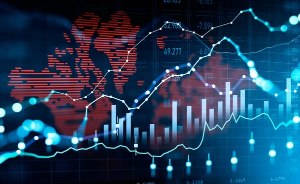 外国发光全息图与数字和条形图与烛台 红色地图全息图 全球危机和股票市场的概念 3D渲染 — 图库照片