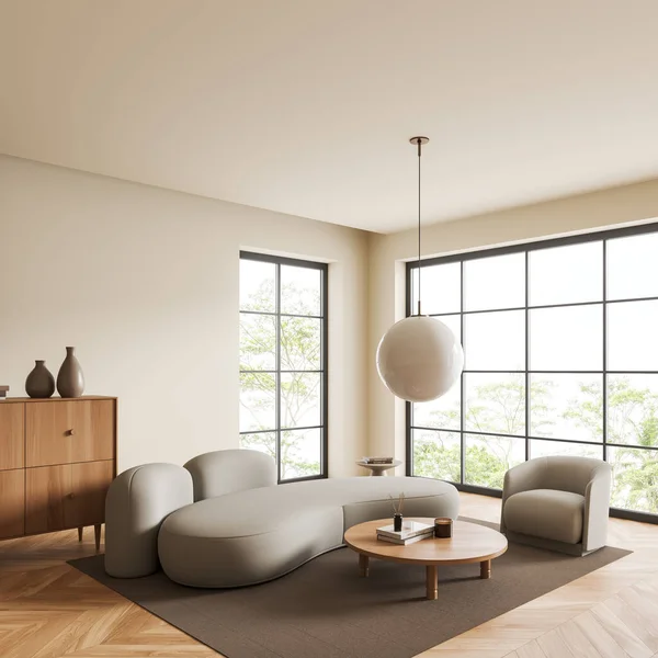 Beige Chill Corner Interieur Mit Sofa Und Sessel Seitenblick Couchtisch — Stockfoto