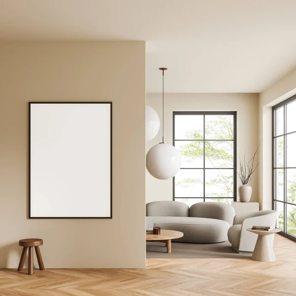 米色客厅内部有沙发和扶手椅与咖啡桌 硬木地板 热带地区的全景窗口 模拟空白海报 3D渲染 — 图库照片