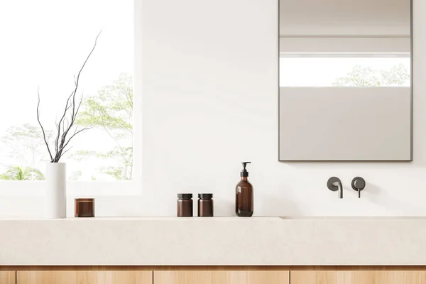 Lavabo Aynayla Dolu Beyaz Banyo Kurutulmuş Çiçekli Vazo Bej Beton — Stok fotoğraf