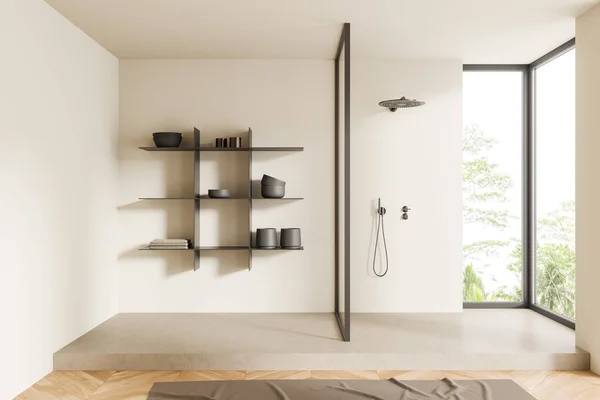 Witte Badkamer Interieur Met Douche Het Podium Plank Met Decoratie — Stockfoto