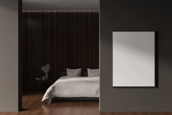 Dunkle Schlafzimmerausstattung Bett Mit Weißer Bettwäsche Nachttisch Mit Kunstdekoration Hartholzboden — Stockfoto