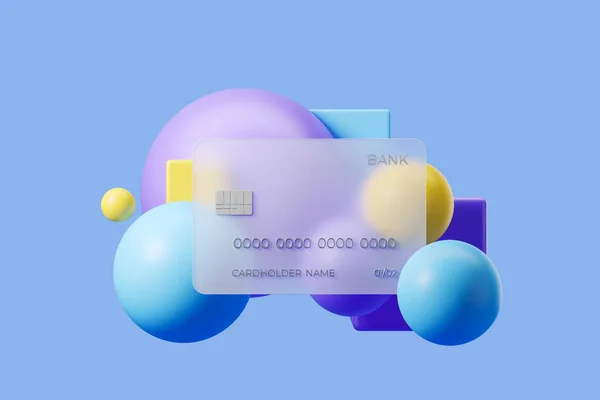 Transparante Bankkaart Voor Betaling Aankoop Zwevende Kubus Ballen Abstract Geometrisch — Stockfoto