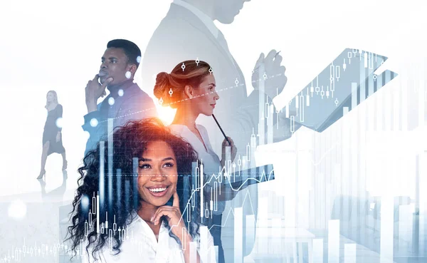 White and black people working together, happy and pensive portrait. Double exposure with forex diagrams, analysis with candlesticks. Concept of teamwork and analysis