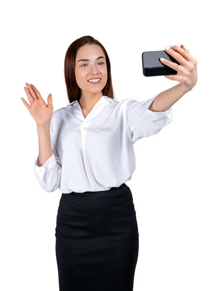 Telefonla Gülümseyen Kadını Sallayarak Video Görüşmesi Yapan Beyaz Arka Planda — Stok fotoğraf