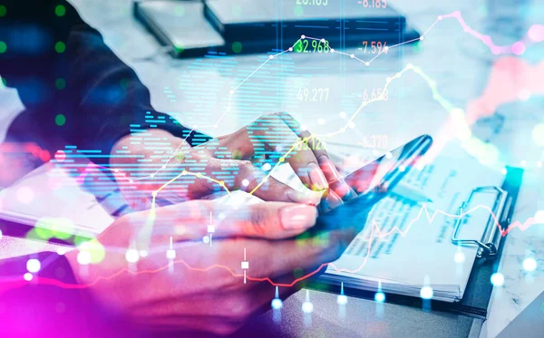 Businesswoman finger touch phone screen. Double exposure with colorful rising lines and earth map with candlesticks, contract on the desk. Concept of mobile app and finance