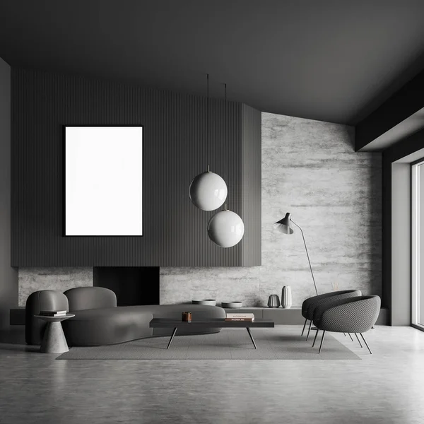 有沙发和两张扶手椅的黑暗客厅的内部 有咖啡桌和窗户附近装饰的壁炉 灰色混凝土地板上的地毯 把空白海报装模作样 3D渲染 — 图库照片