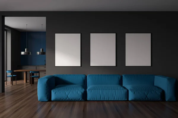 带有休息区的黑暗厨房内部 沙发和餐桌 硬木地板上有椅子 现代公寓的冷餐区 三幅讽刺海报连在一起 3D渲染 — 图库照片