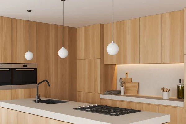 コンクリートカウンター シンク ストーブ付きのモダンなキッチンインテリア 台所用品 モダンな調理コーナーと軽い木製の棚 3Dレンダリング — ストック写真
