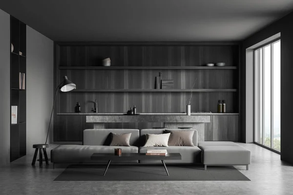 Interior Studio Dengan Ruang Dingin Sofa Dan Countertop Dengan Kursi — Stok Foto