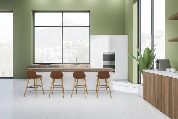 Zelený Interiér Kuchyně Barovými Židlemi Pultem Lehká Betonová Podlaha Kuchyňské — Stock fotografie