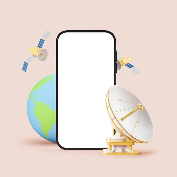 stock image Phone mockup screen and flying satellite with antenna, earth globe on light pink background. Concept of mobile internet and wireless connection. 3D rendering