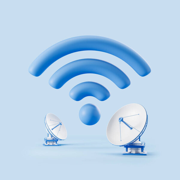 Спутниковая антенна, блюдо с иконкой WiFi на синем фоне. Концепция глобальной связи и волн. 3D рендеринг