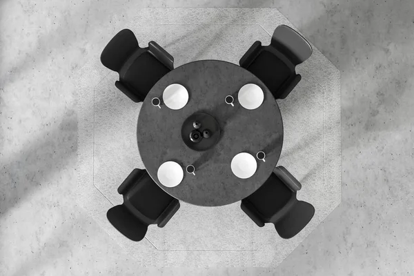 ダイニングテーブルと料理 灰色のコンクリートの床の上の椅子と暗いリビングルームのインテリアのトップビュー 4席のミニマリストの食事エリア 3Dレンダリング — ストック写真