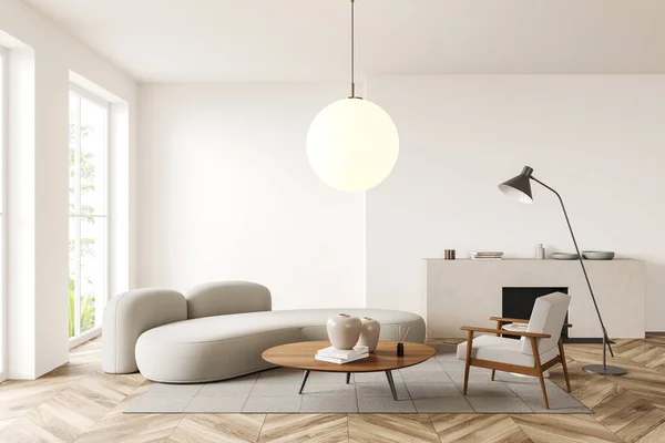 White Chill Interieur Mit Sofa Und Sessel Couchtisch Auf Teppich — Stockfoto