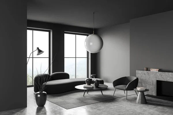深色的内饰 沙发和扶手椅 侧视图 地毯上的咖啡桌 灰色混凝土地板 乡村景色上的壁炉 灯具和全景窗 3D渲染 — 图库照片