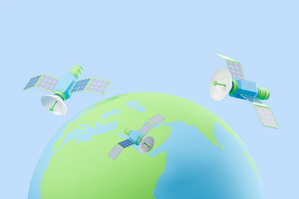 Tři Satelity Obíhající Kolem Zeměkoule Modrém Pozadí Koncepce Webového Připojení — Stock fotografie