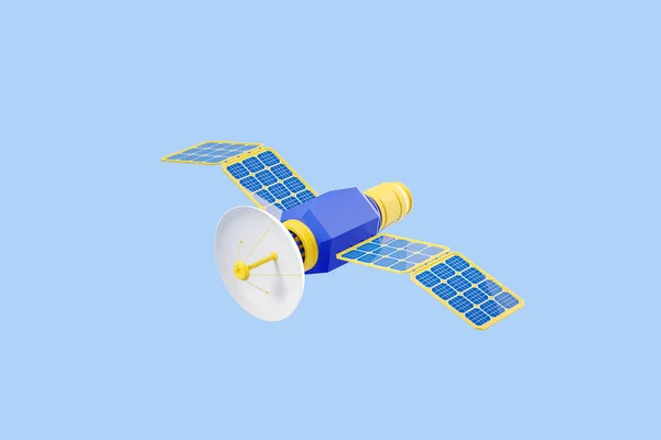 Satellit Mit Solarflügeln Auf Blauem Hintergrund Konzept Von Internet Und — Stockfoto