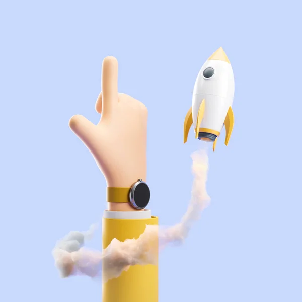 Cartoon finger point to the sky, rocket take off on blue background. Business project startup. Concept of career achievement and plans. 3D rendering