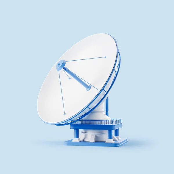 衛星アンテナ 青い背景の皿 電波望遠鏡と接続の概念 3Dレンダリング — ストック写真