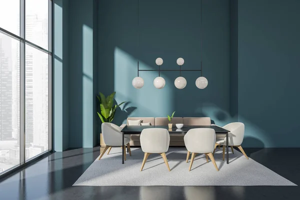 蓝色的会议内部与沙发和扶手椅与桌子 地毯在黑暗的混凝土地板上 新加坡城市全景窗口 3D渲染 — 图库照片