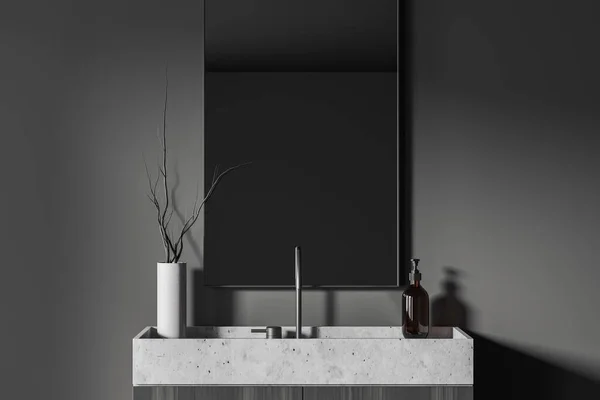 Intérieur Salle Bain Sombre Avec Lavabo Miroir Vase Avec Fleur — Photo