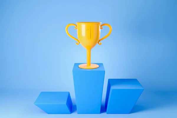 Gold trophy icon, champion cup on podium, blue background. Concept of first place. 3D rendering