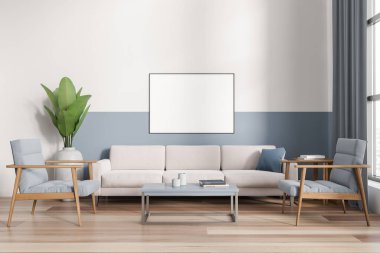 Oturma odasının iç tarafında kanepe ve koltuklar var. Süslü kahve masası, panoramik pencereli dinlenme alanı. Posteri düzenle. 3B görüntüleme