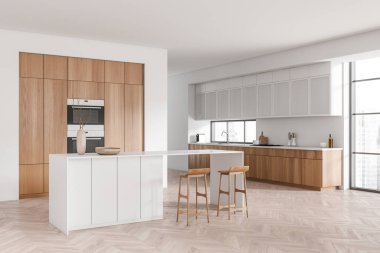 Beyaz mutfak içi bar sandalyeleri ve ada parke zemin, yan manzara, raf ve mutfak malzemeleri güvertede. Singapur şehir manzarasında panoramik pencere. 3B görüntüleme