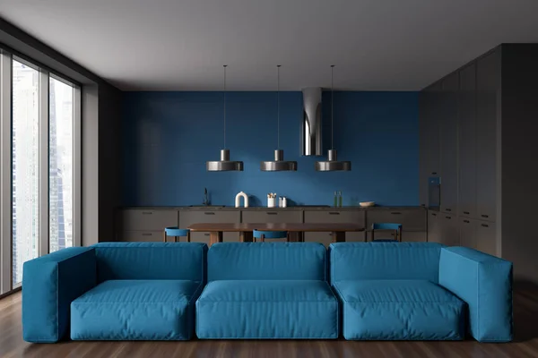 Dunkles Studio Interieur Mit Sofa Und Esstisch Panoramafenster Auf Die — Stockfoto