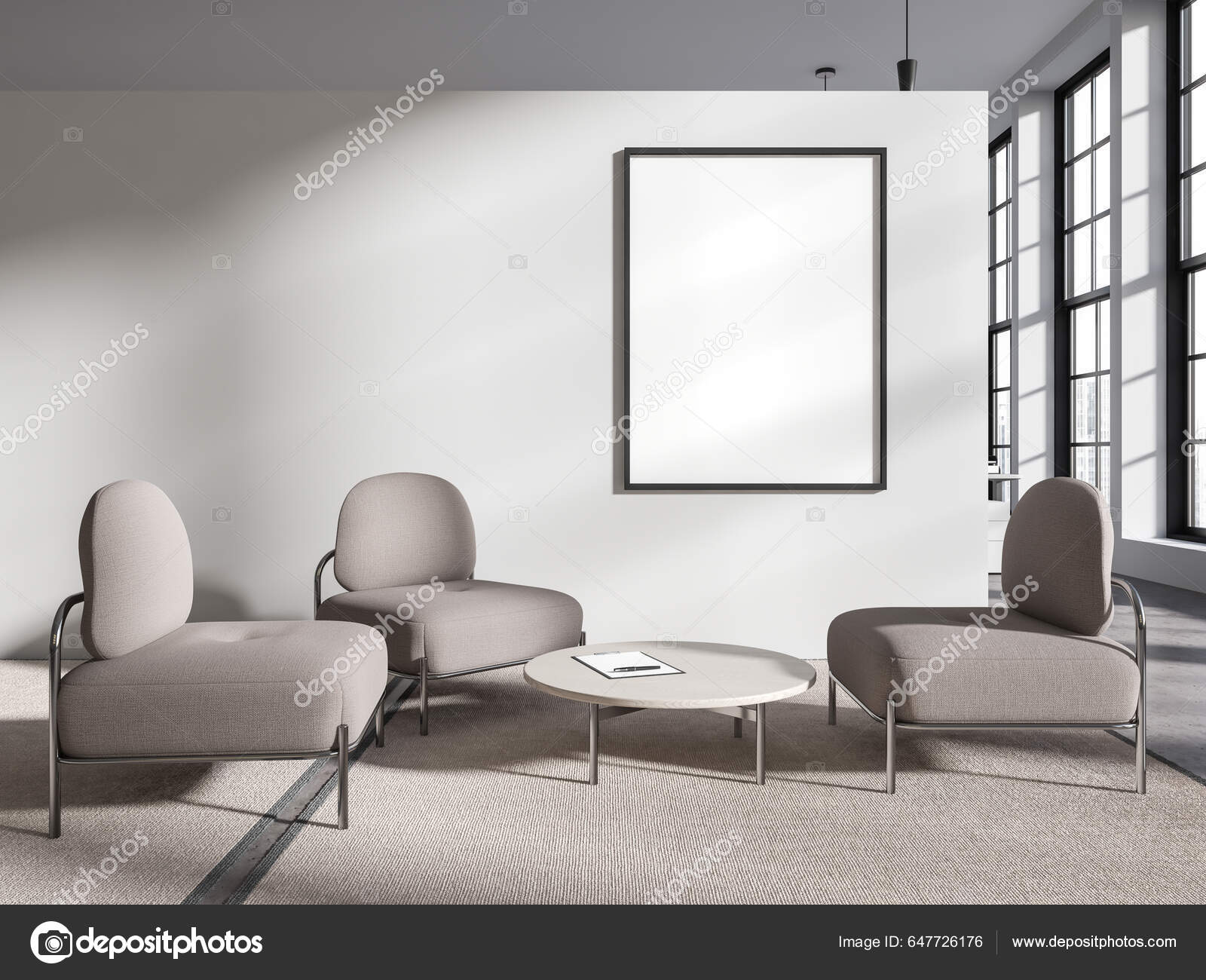 White Office Relaxrum Interiör Med Tre Mjuka Fåtöljer Soffbord Med —  Stockfotografi © denisismagilov #647726176