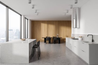 Beyaz ve ahşap duvarları olan şık bir mutfak, beyaz dolaplar, sandalyeli yemek masası ve tabureli bar tezgahı. Bulanık şehir manzaralı panoramik pencere. 3d oluşturma